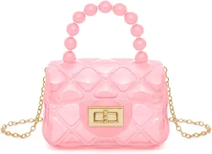 Little Girls Mini Jelly Purse Candy Color Transparent Small Crossbody Bag Cute Princess Handbags with Bead Handle For Toddler Kids (Pink)