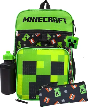 Minecraft Creeper Backpack Set | Boys TNT 5 Piece Gamer Rucksack | Pencil Case, Bottle & Lunchbag Included