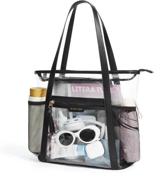 Missnine Clear Bag for Stadium Events Thick PVC Clear Tote Bag for Women with Side Mesh Pockets for Sports Concert Lunch Work