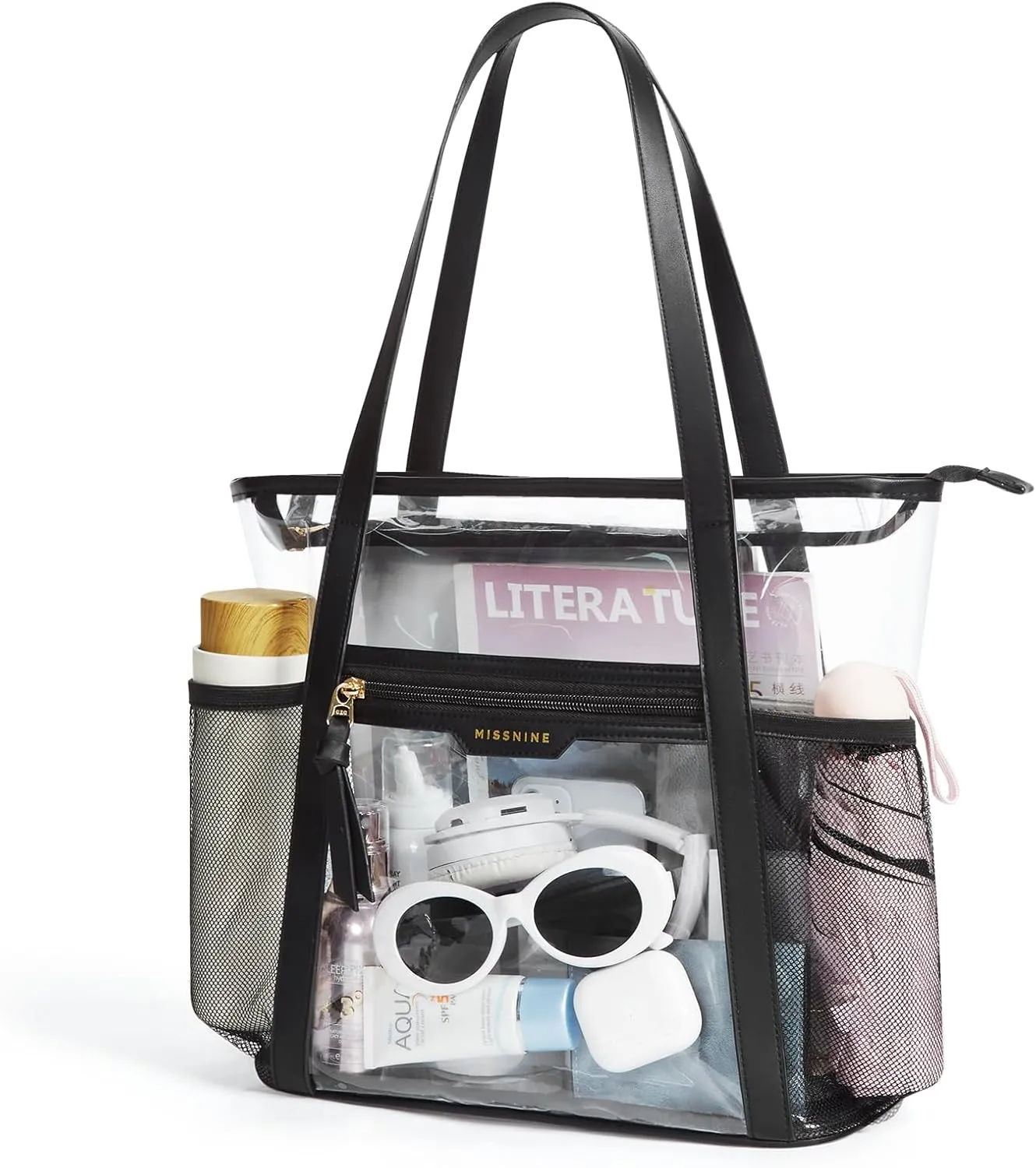 Missnine Clear Bag for Stadium Events Thick PVC Clear Tote Bag for Women with Side Mesh Pockets for Sports Concert Lunch Work