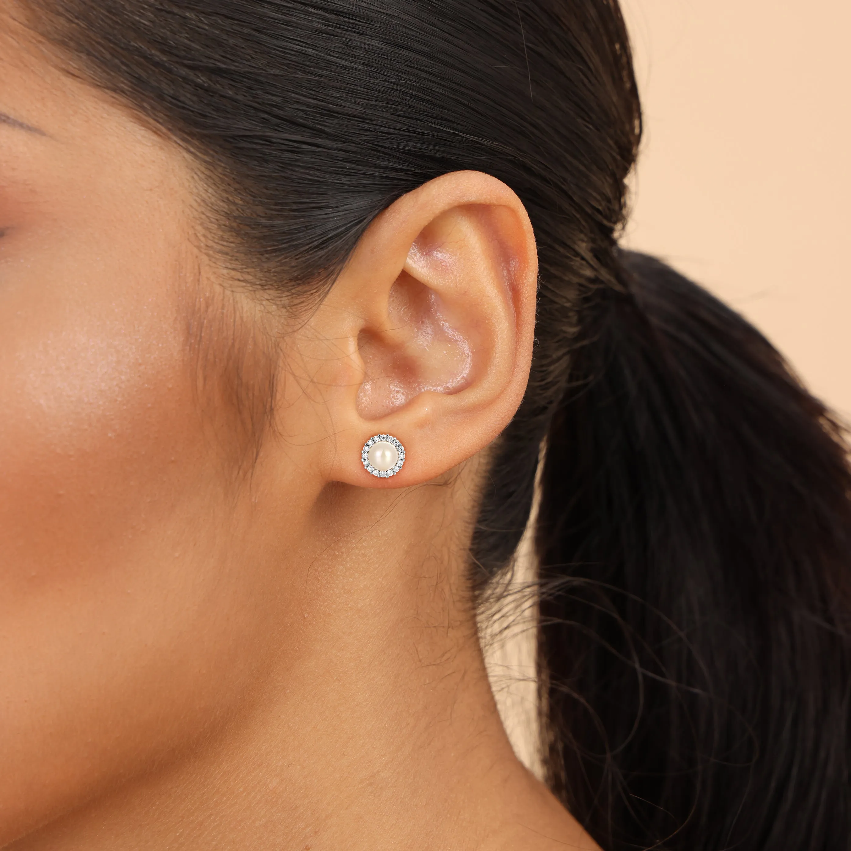 Moissanite Biege Pearl Stud Earrings - Pair