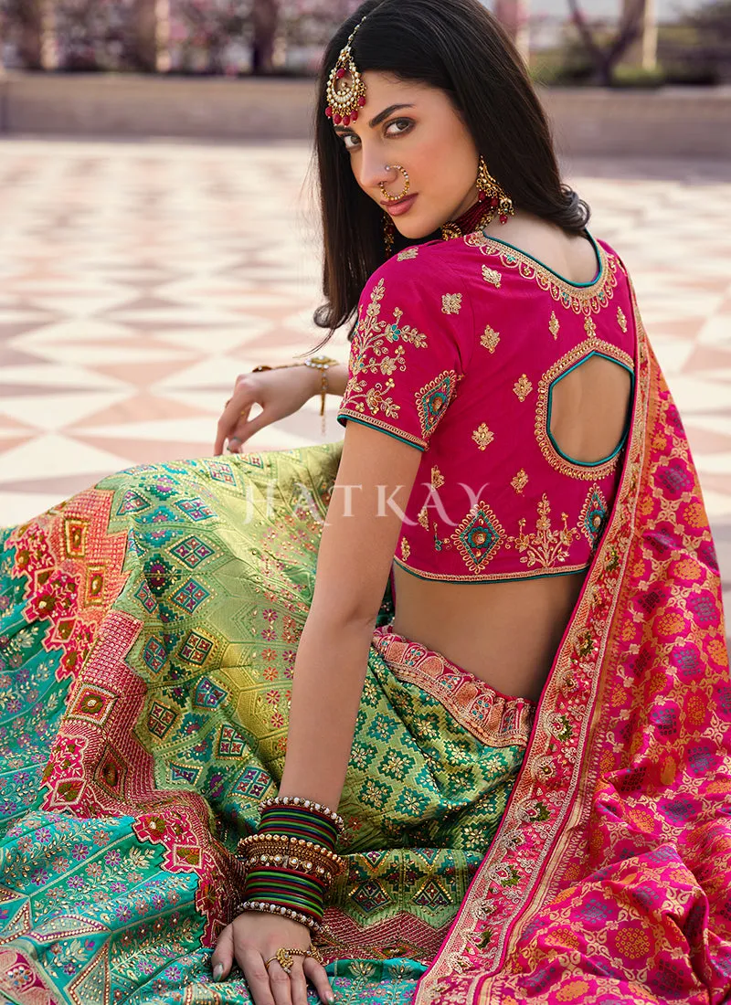 Pink And Green Multi Traditional Embroidered Wedding Lehenga Choli