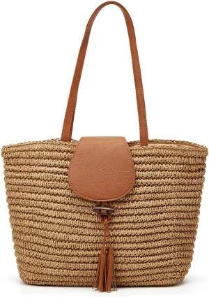 Rungion Summer Straw Shoulder Bags for Women Large Woven Tote Purse Casual Beach Vacation Top Handle Handbags with Tassel