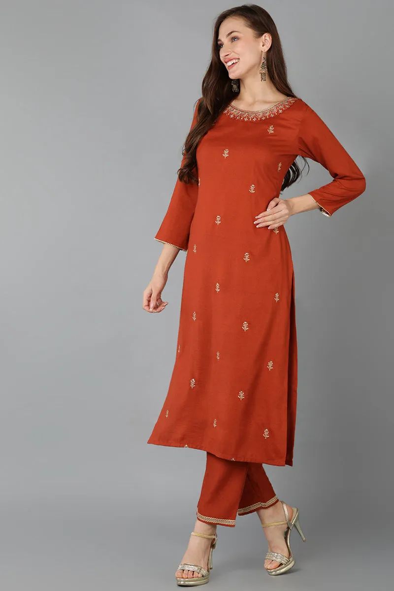Rust Silk Blend Straight Kurta