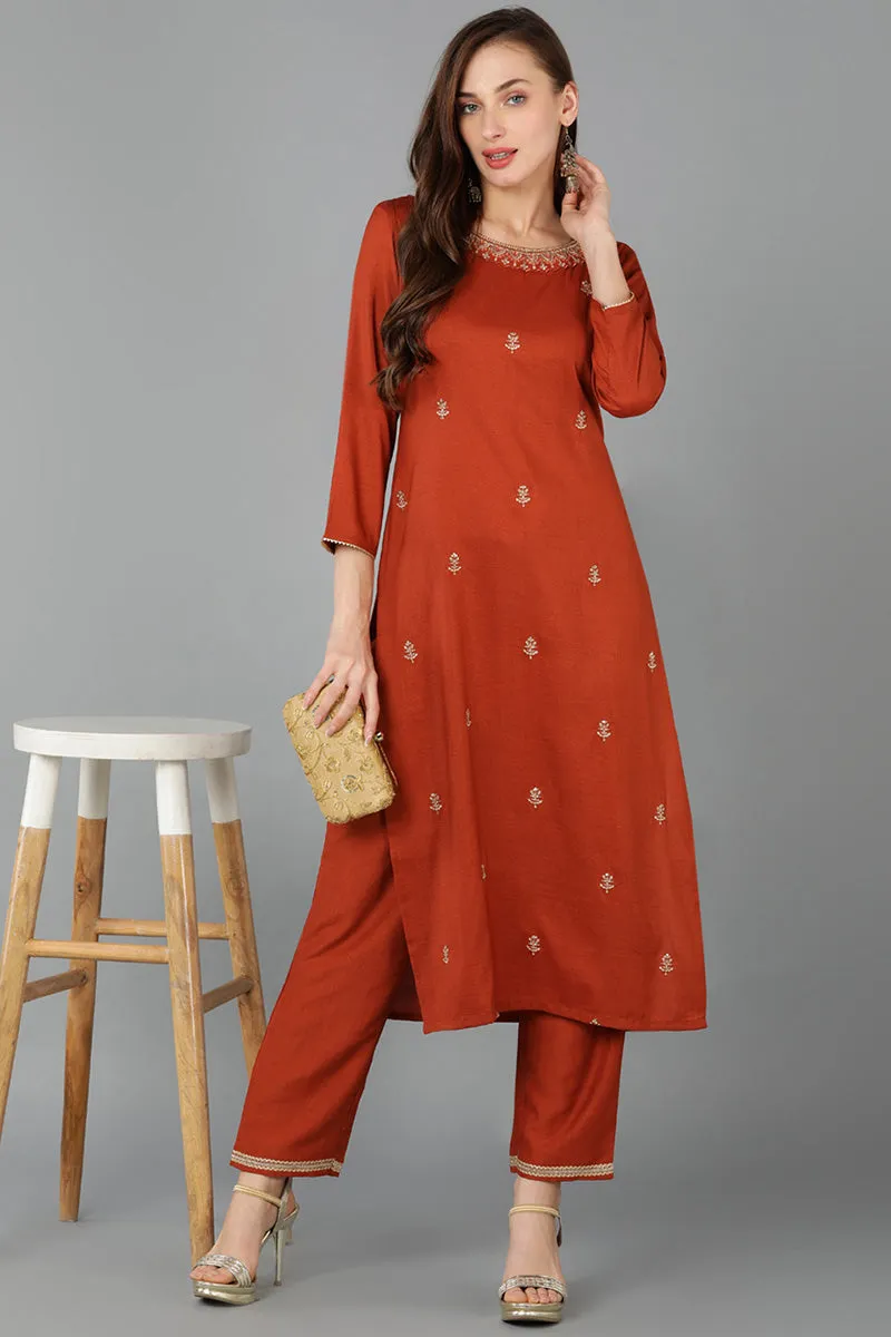 Rust Silk Blend Straight Kurta