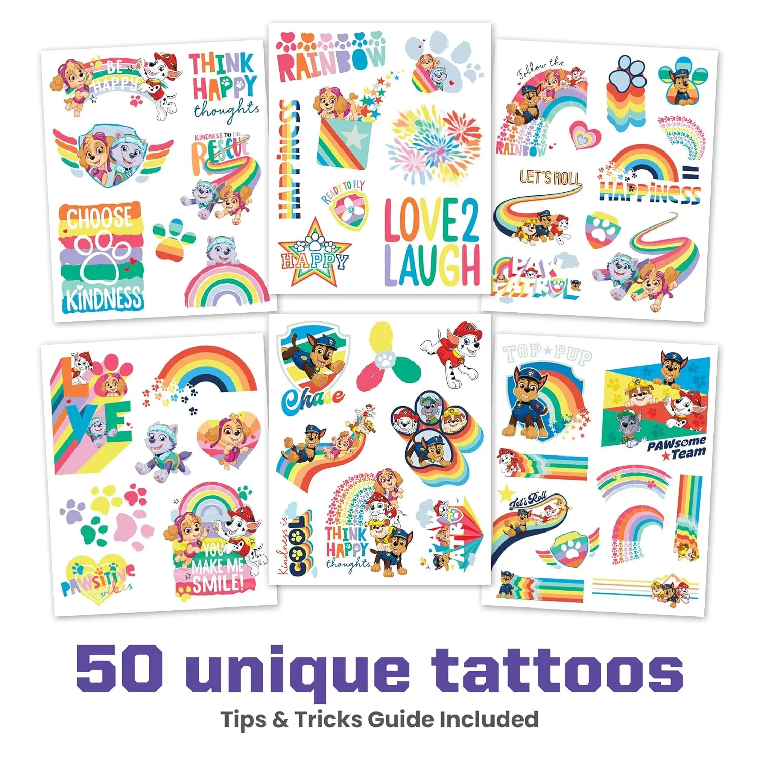 Savvi - 50 Paw Patrol Temporary Tattoos: Sky and Everest, Skin-Safe Ink, Great for Birthday Parties, Gifts for Boys and Girls Ages 4-12 , Made in the USA [6 sheets, 50 count]
