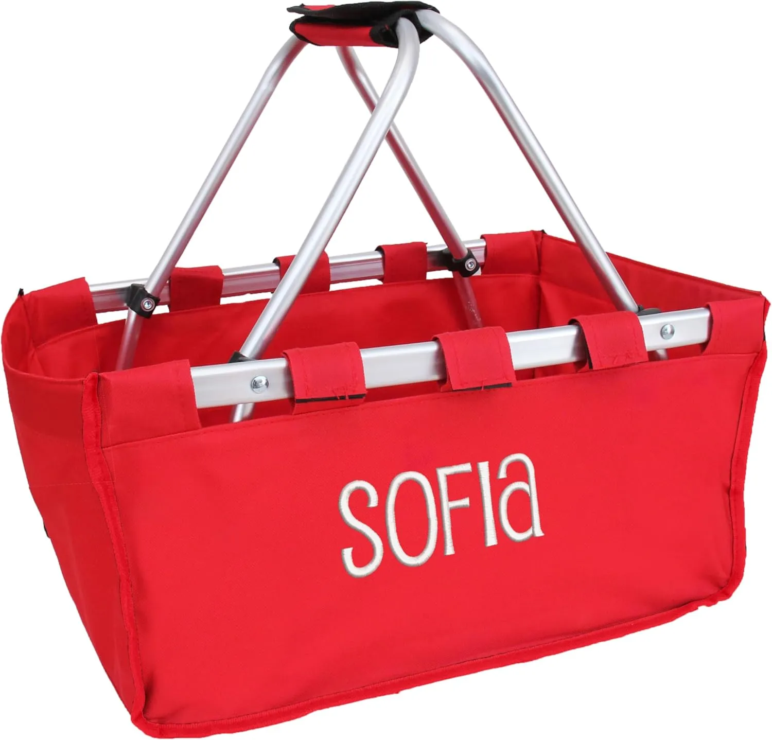 Threadart Personalized Embroidered Large Collapsible Market Basket - Red | Aluminum Frame | Poly Fabric | Convenient Fold Flat Design |Reusable Space-Saving Shopping Tote, Gift, Beach, Picnic Basket