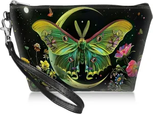 Travel Makeup Bag with Detachable Wrist Strap, Moth Moon Flowers Stocking Stuffers for Teen Women Toiletry Storage Bag Water Resistant Portable Change Coin Small Purse Zipper Pouch