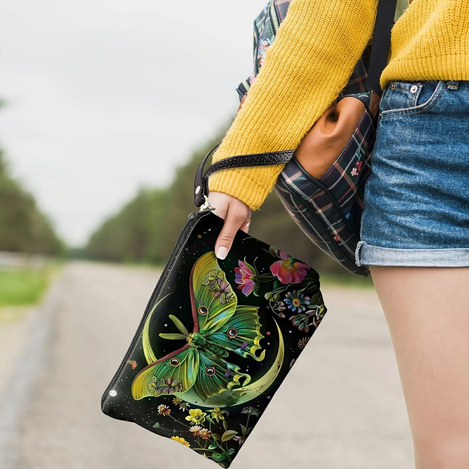 Travel Makeup Bag with Detachable Wrist Strap, Moth Moon Flowers Stocking Stuffers for Teen Women Toiletry Storage Bag Water Resistant Portable Change Coin Small Purse Zipper Pouch