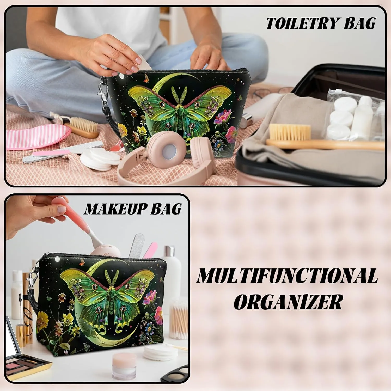 Travel Makeup Bag with Detachable Wrist Strap, Moth Moon Flowers Stocking Stuffers for Teen Women Toiletry Storage Bag Water Resistant Portable Change Coin Small Purse Zipper Pouch
