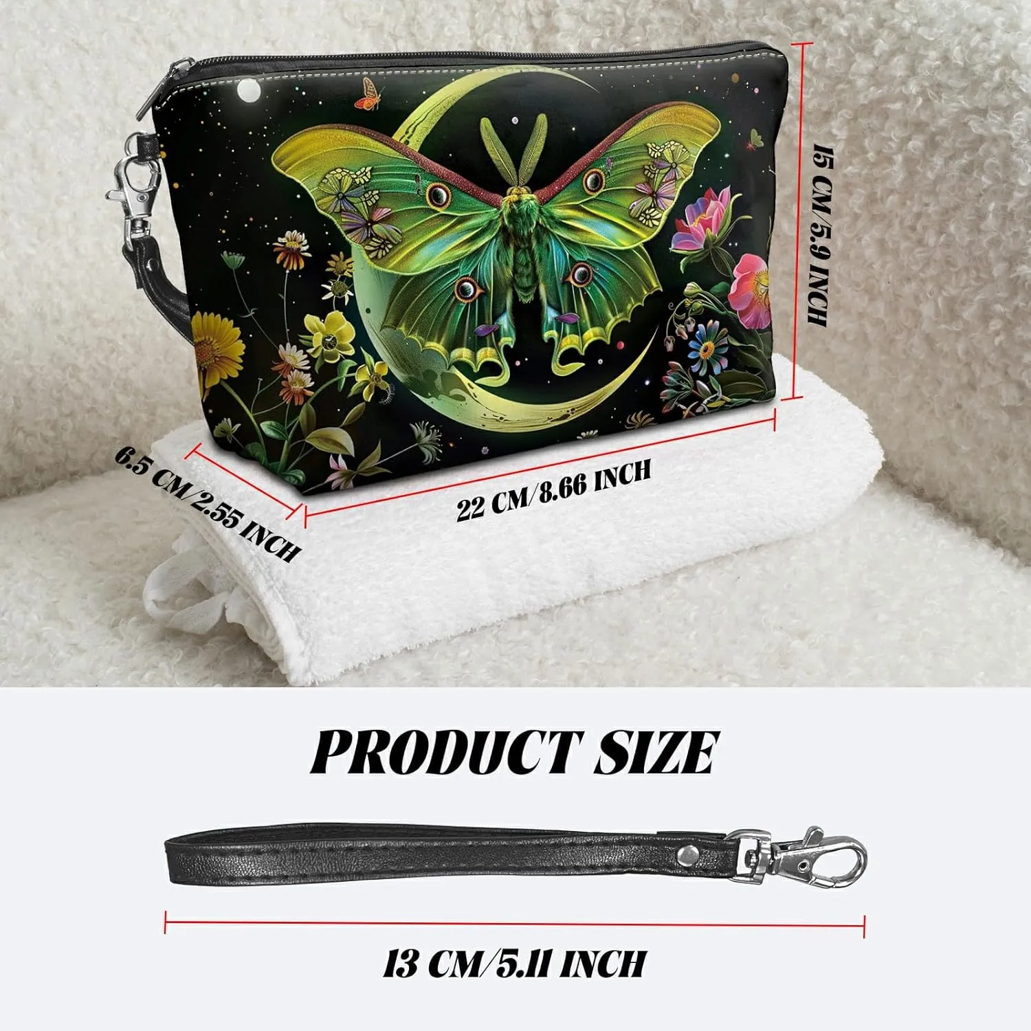 Travel Makeup Bag with Detachable Wrist Strap, Moth Moon Flowers Stocking Stuffers for Teen Women Toiletry Storage Bag Water Resistant Portable Change Coin Small Purse Zipper Pouch
