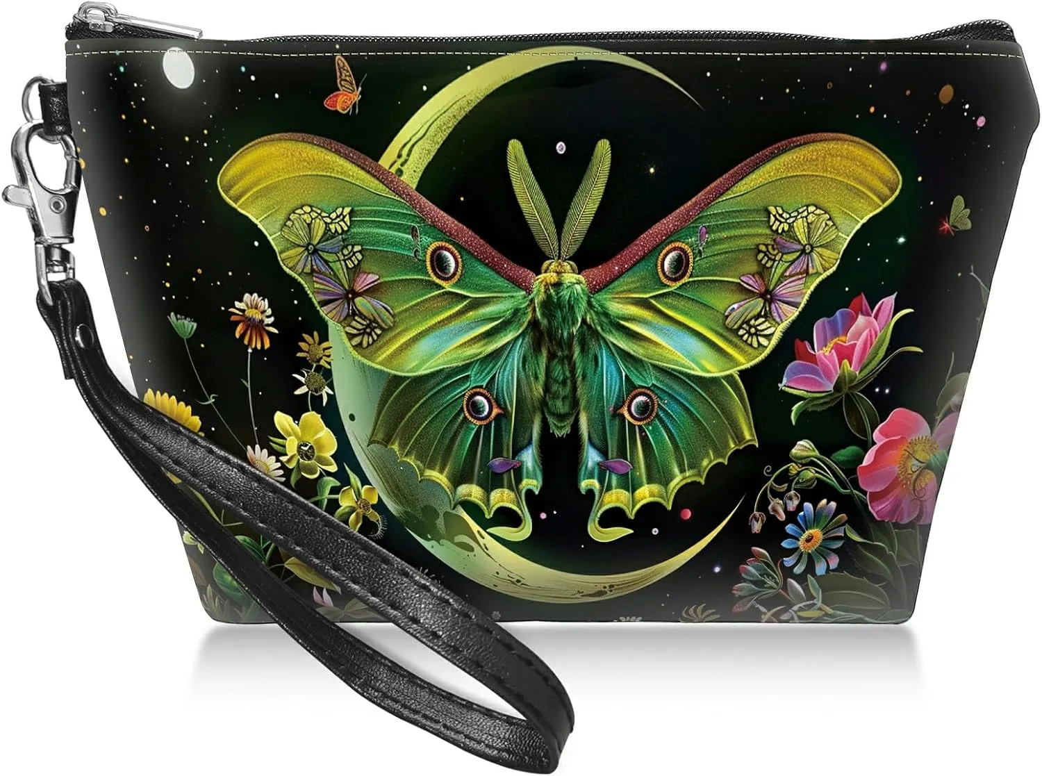 Travel Makeup Bag with Detachable Wrist Strap, Moth Moon Flowers Stocking Stuffers for Teen Women Toiletry Storage Bag Water Resistant Portable Change Coin Small Purse Zipper Pouch