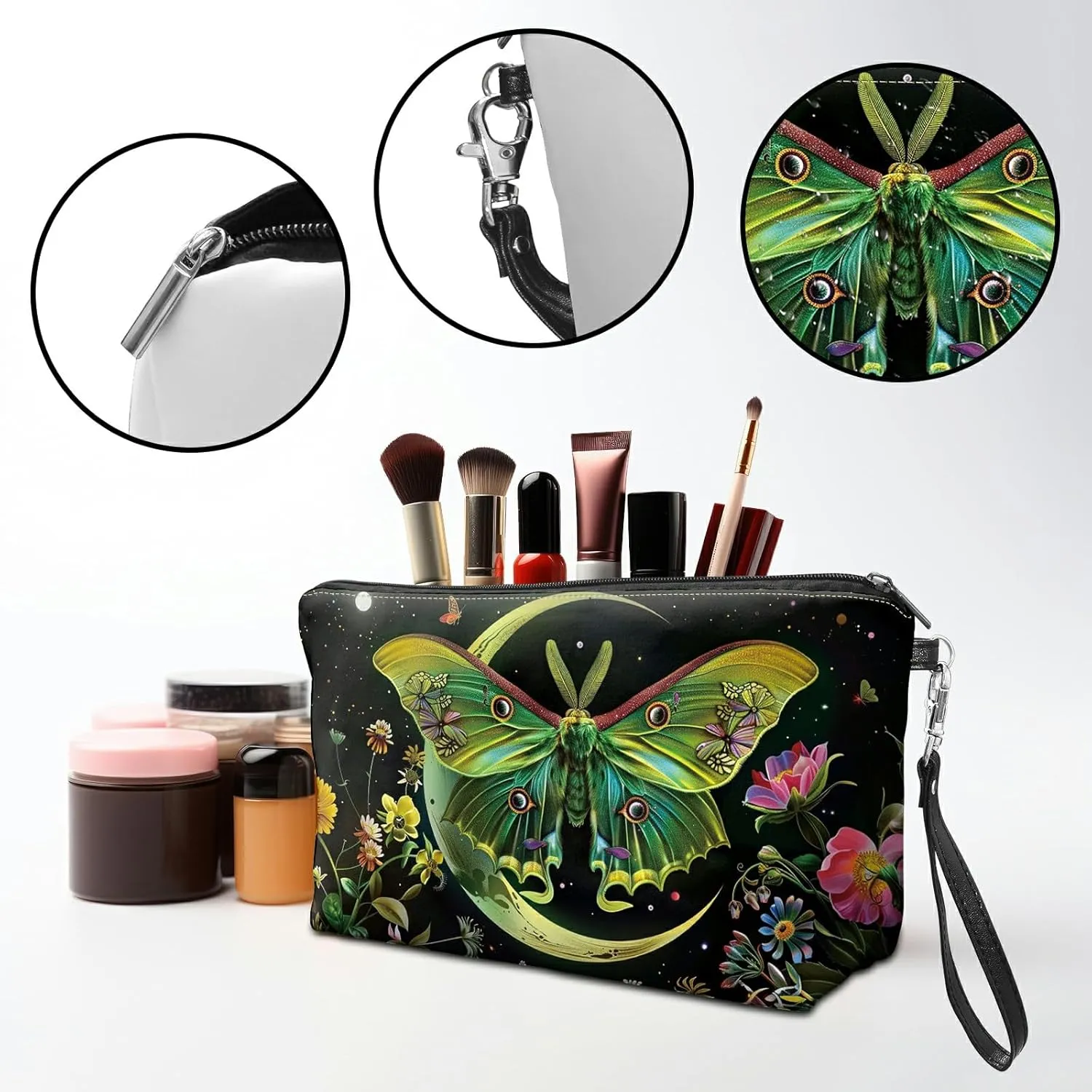 Travel Makeup Bag with Detachable Wrist Strap, Moth Moon Flowers Stocking Stuffers for Teen Women Toiletry Storage Bag Water Resistant Portable Change Coin Small Purse Zipper Pouch