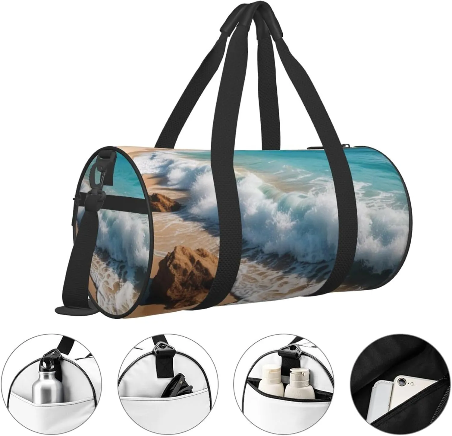 Water Rush to Tropical Beach Printed Travel Bag,Round Personal Item Storage bag,Foldie Duffel Bag for Traveling Vacation,Fitness,Sports