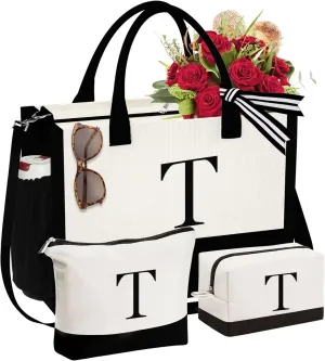 YOOLIFE Initial Canvas Tote Bag & Makeup Bag, Birthday Gifts for Women Mom Sister Friends, Bridesmaid Wedding Gifts
